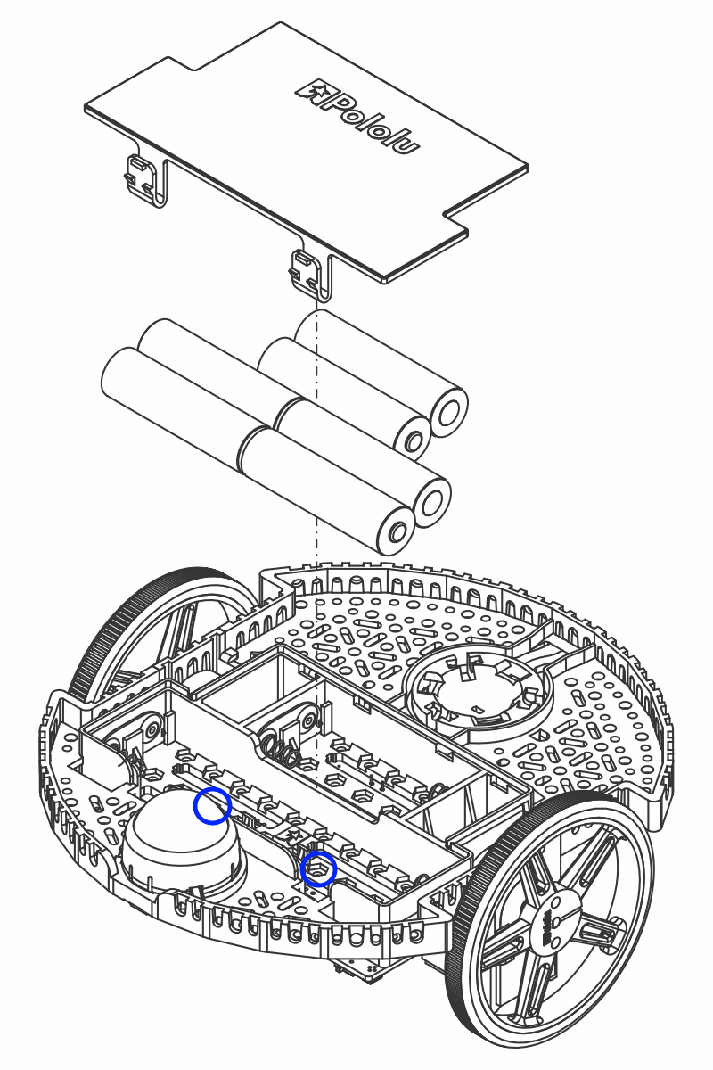 Installing the batteries and battery cover on the Romi chassis.