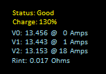 Output screen of a common load tester showing properties of the battery.