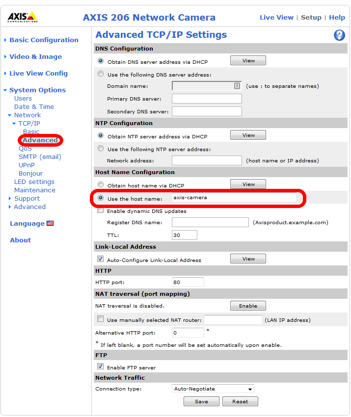 Making sure the hostname is configured to "axis-camera".