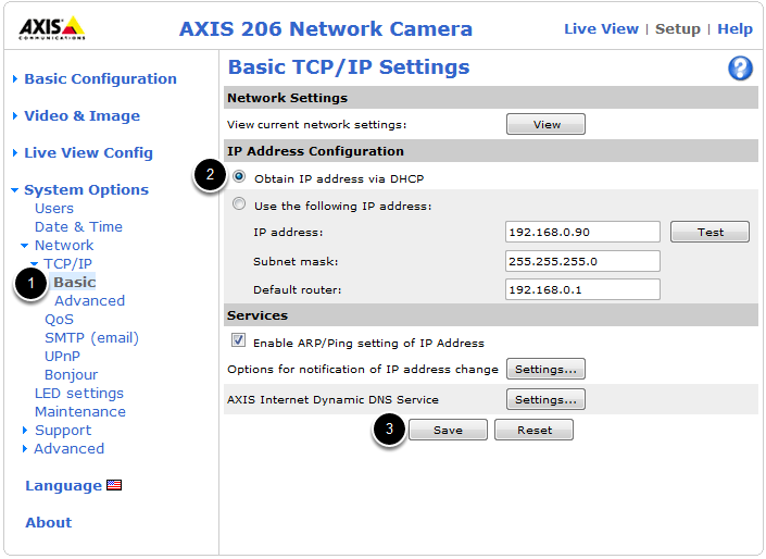 Set the camera IP address to either static or DHCP.