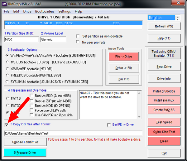 Highlights the “Copy OS files after Format” checkbox.