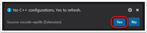 You must choose "Yes" to refresh the C++ configurations.