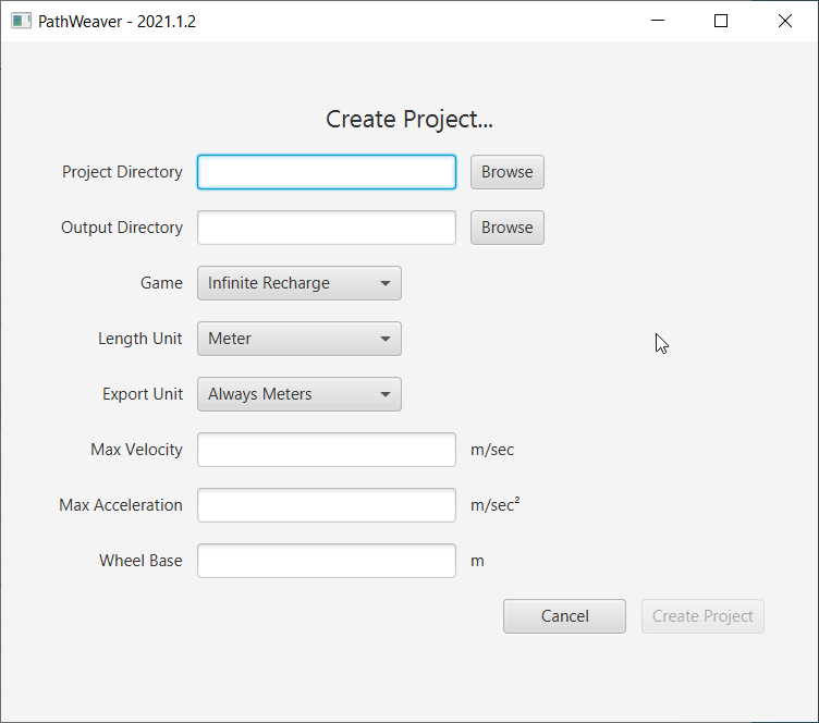 The PathWeaver project creation screen.