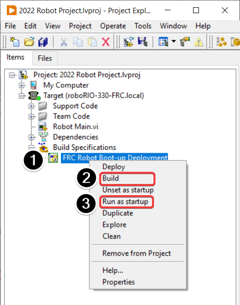 Right clicking on the robot build specification and choosing "build".  Then right clicking again and choosing "Run as startup".