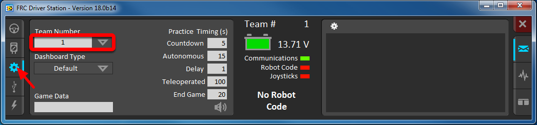 Using the 3rd tab with the gear of the Driver Station to set the team number.