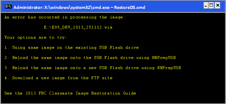 Command prompt error window on image failure.