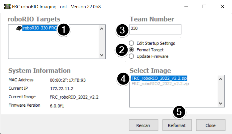 Numbers identifying the different parts of the Imaging Tool main screen for formatting the target.