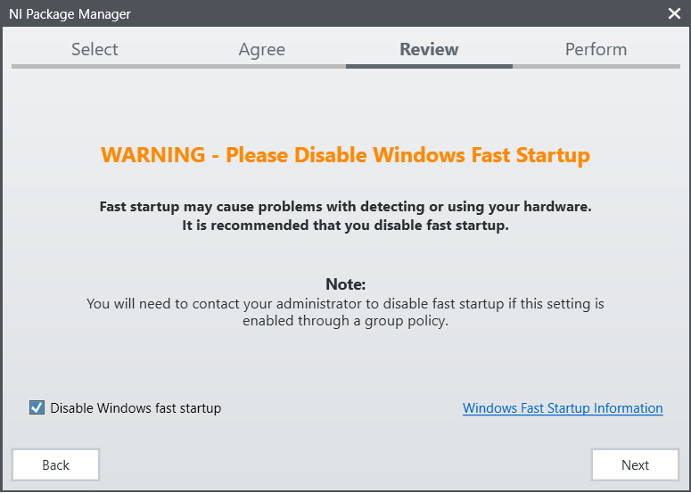 Screen for disabling Windows fast startup.