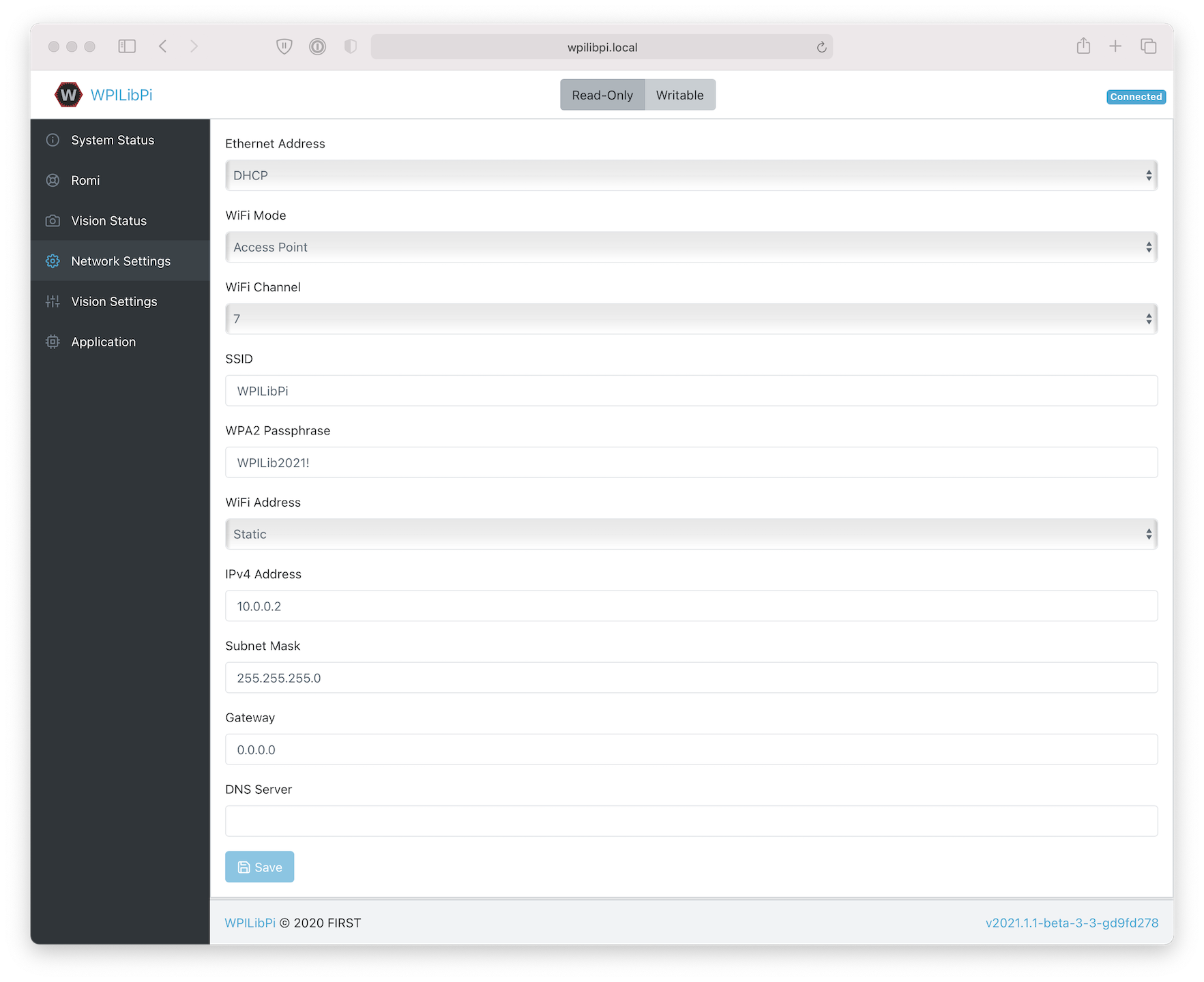 Romi web dashboard network settings