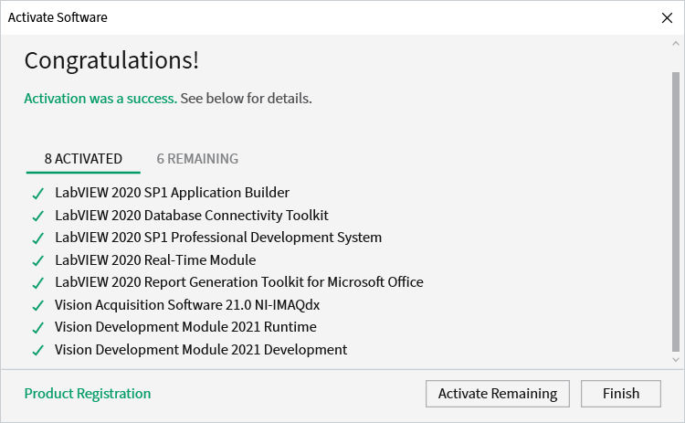 Screen details the activation success of each package.