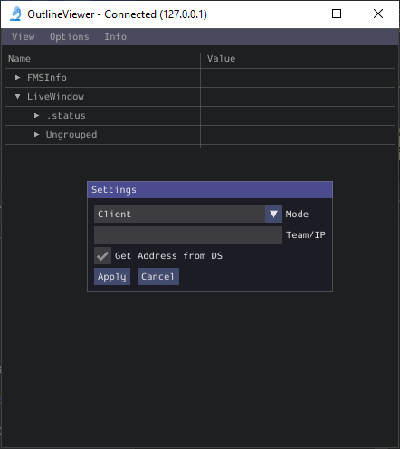 Using OutlineViewer to view the NetworkTables data used by the program.