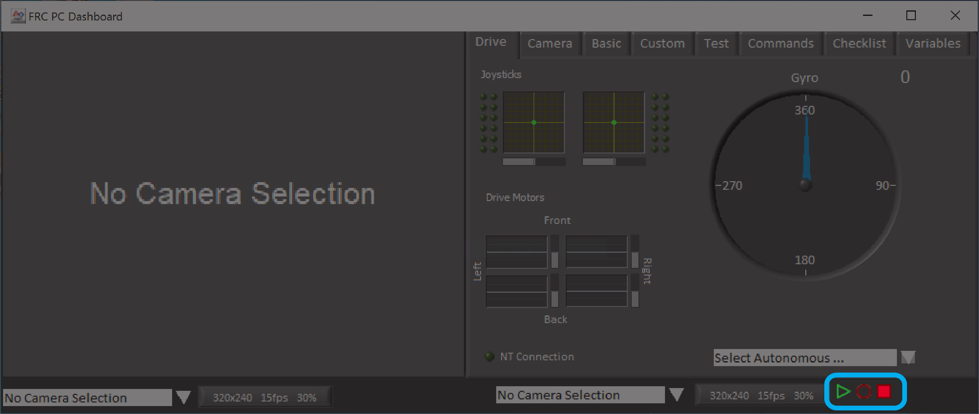 Highlights the green triangle, red circle, and red square that control dashboard playback.