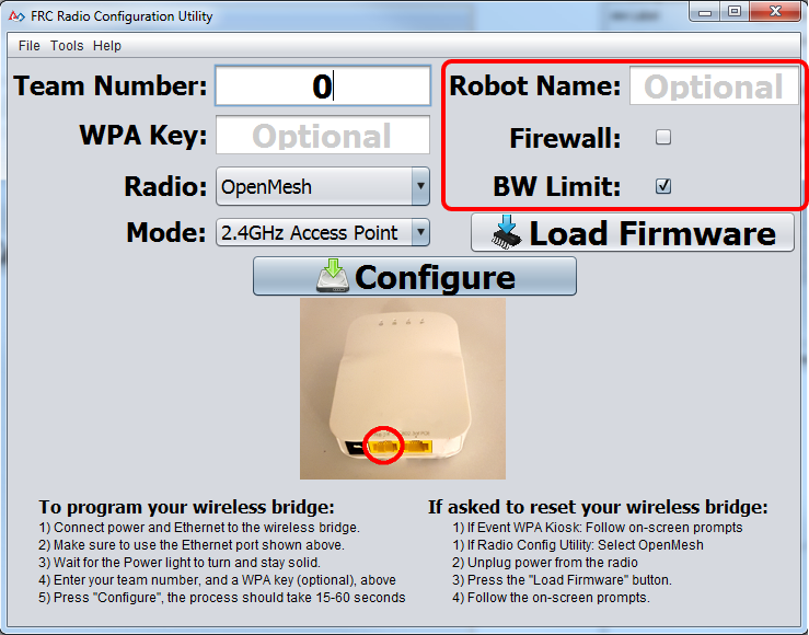 Setting the robot name will change the SSID.  The checkboxes make the radio more similar to competition operation.