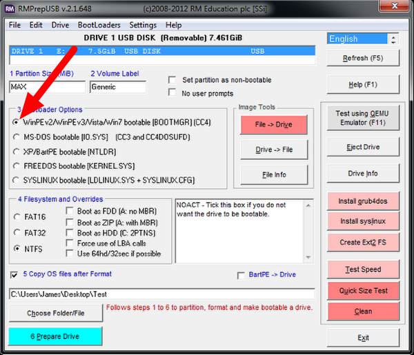 Highlights the “WinPE v2/WinPE v3/Vista/Win7 bootable” radio button.