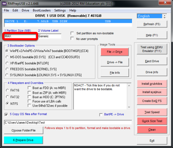 Highlights the "Partition Size" box.