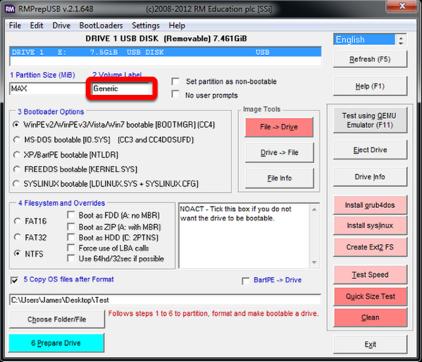 Hightlights the "Volume Label" box to the right of the partition size.