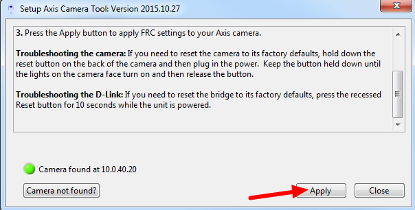 Click the apply button to setup the camera.