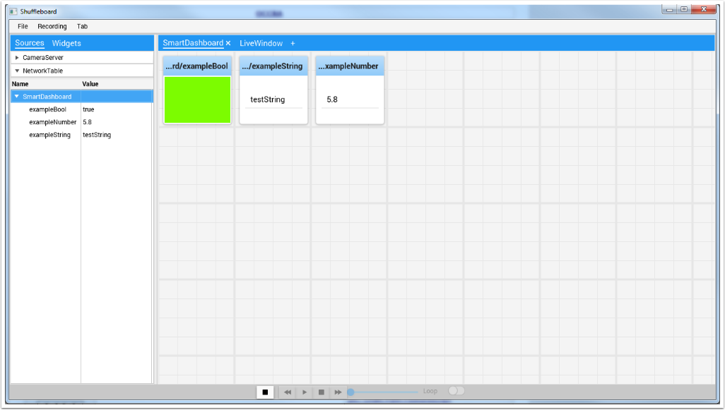 Shuffleboard with 3 widgets from their NetworkTables entries added.