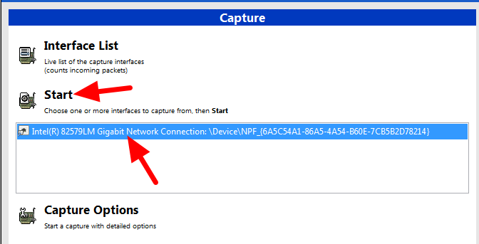 Selecting the Start button and choosing the NIC in Wireshark.