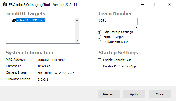 The edit Startup Settings portion of the imaging utility allow a team to renumber their robot.