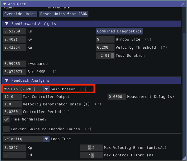 Highlights choosing "WPILib (2020-)" from the "Gain Setting Preset" dropdown.